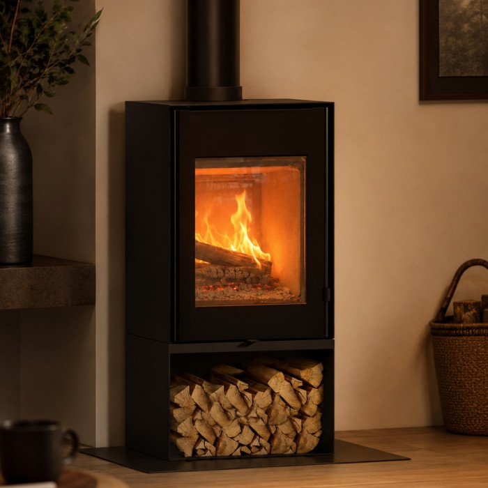 Estufa de leña FOCO Modula Style de 8,5 kW nominales con portaleña e instalación incluida