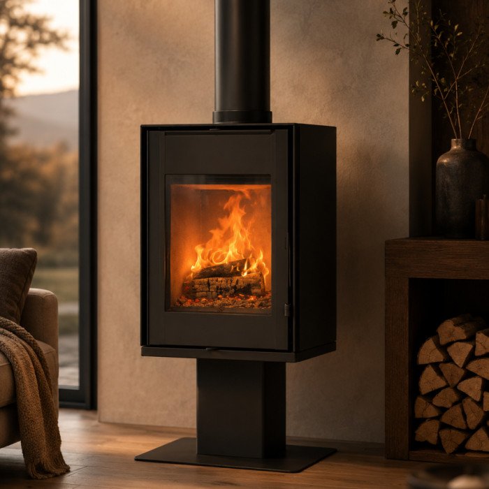 Estufa de leña FOCO Modula Design de 8,5 kW nominales con columna e instalación incluida