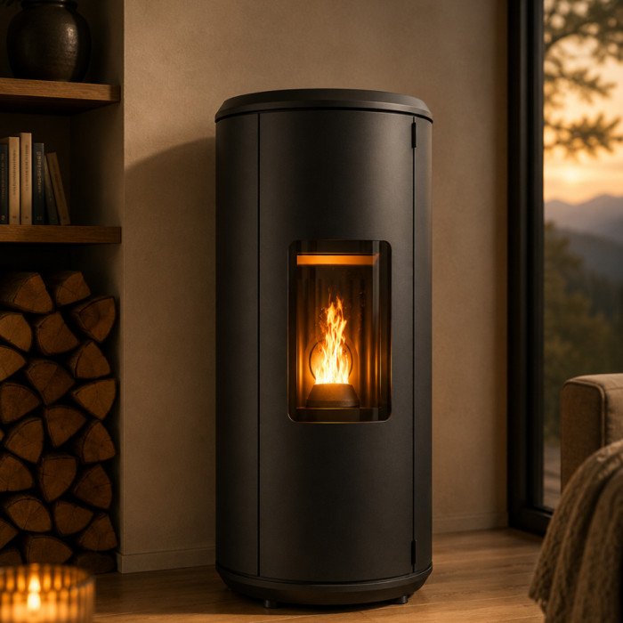 Estufa de pellet FOCO Forgya Round Steel 8C de 8,3 kW nominales con instalación incluida