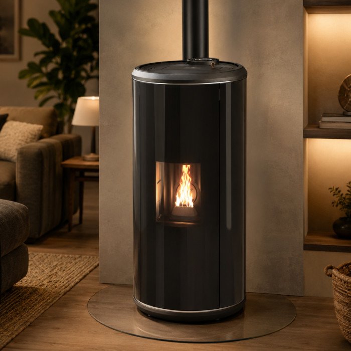 Estufa de pellet FOCO Forgya Round Glass 8 de 8,3 kW nominales con instalación incluida